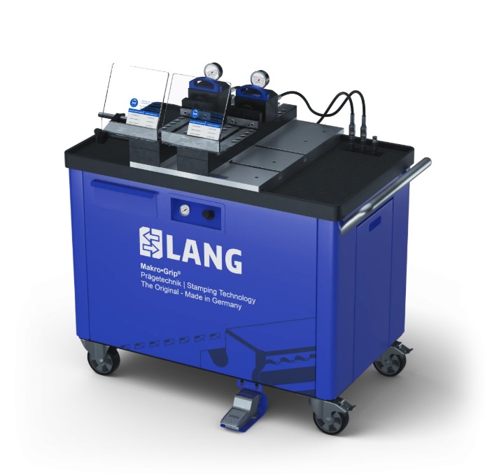 Lang Technik Makro•Grip® Dual Stamping Unit, on trolley, stamping range 2x 410mm, on T-Slot plate