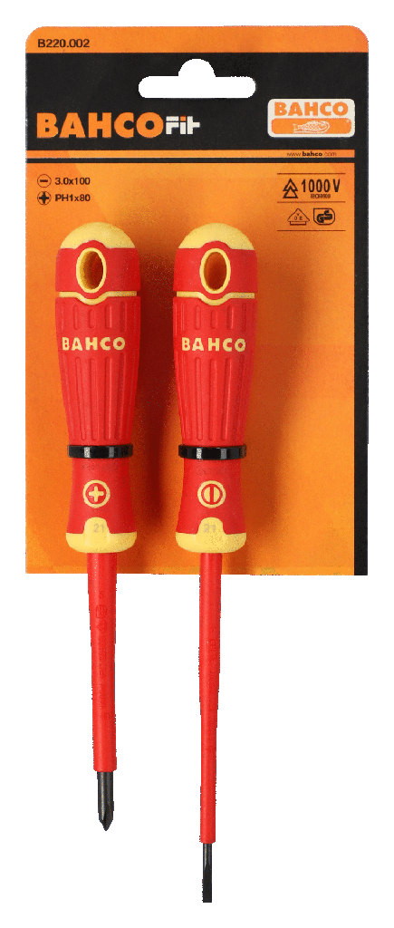 BahcoFit izoleli tornavida seti, 2 parça. Düz ve Phillips vidalar için