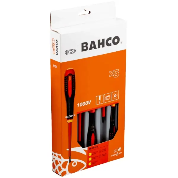 Bahco 1000V Ergo tornavida seti, 5 parça. Oluklu: 0.5-0.8-1 and Phillips 1 & 2
