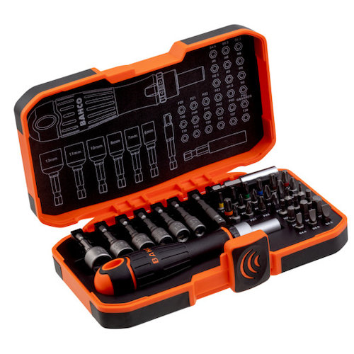 [59/S36BCR] Bahco Cırcırlı Tornavida Tutuculu Somun Anahtarları ve Yuvalı/Phillips/Pozidriv/TORX®/Altıgen Uçlar için 1/4 inç Ağır Hizmet Tipi Uç Seti - 36 Parça