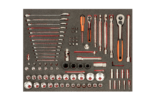 [FF1A153] Bahco Fit&Go 3/3 Köpük İç Tasarımlı 1/4 inç ve 1/2 inç Lokma Seti, Anahtarlar ve Penseler - 94 Parça